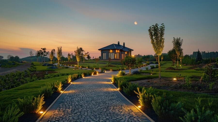 Landscape lighting illuminating a garden at dusk