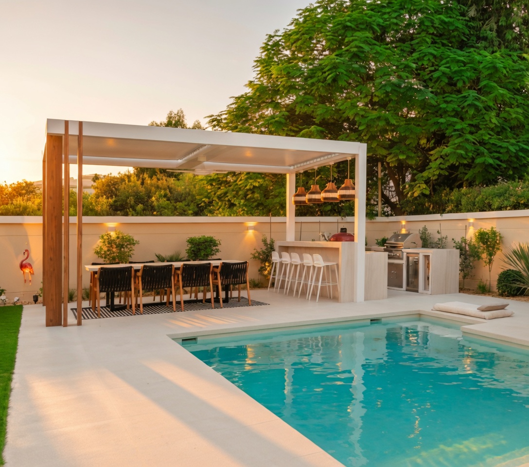 Classic skimmer pool in a residential garden
